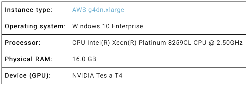 AWS-Benchmark-PC-Spezifikationen mit CPU-, GPU- und RAM-Konfiguration zum Vergleich