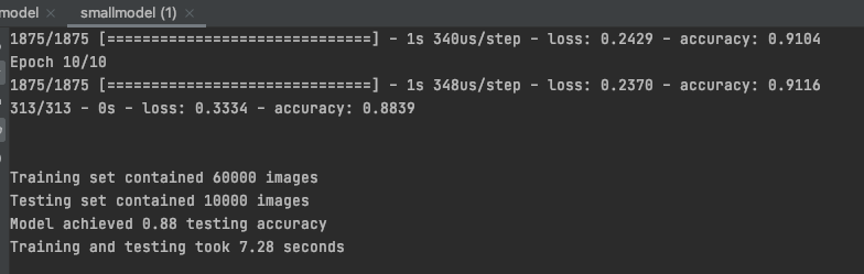 Mac Mini M1 Benchmark-Ergebnisse für das kleine Fashion MNIST-Modell mit Trainingszeit und Genauigkeit