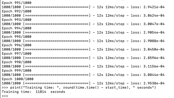 Mac Mini M1 TensorFlow-Benchmark-Ergebnisse mit Trainingszeit von 11814 Sekunden bei 1000 Epochen